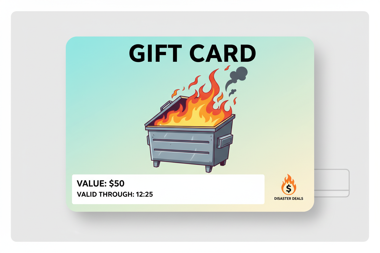 gift card with a dumpster fire on it