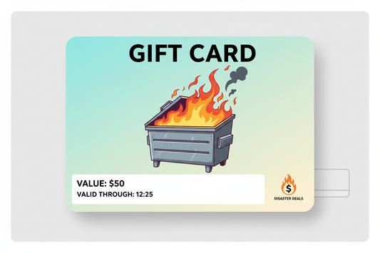 gift card with a dumpster fire on it